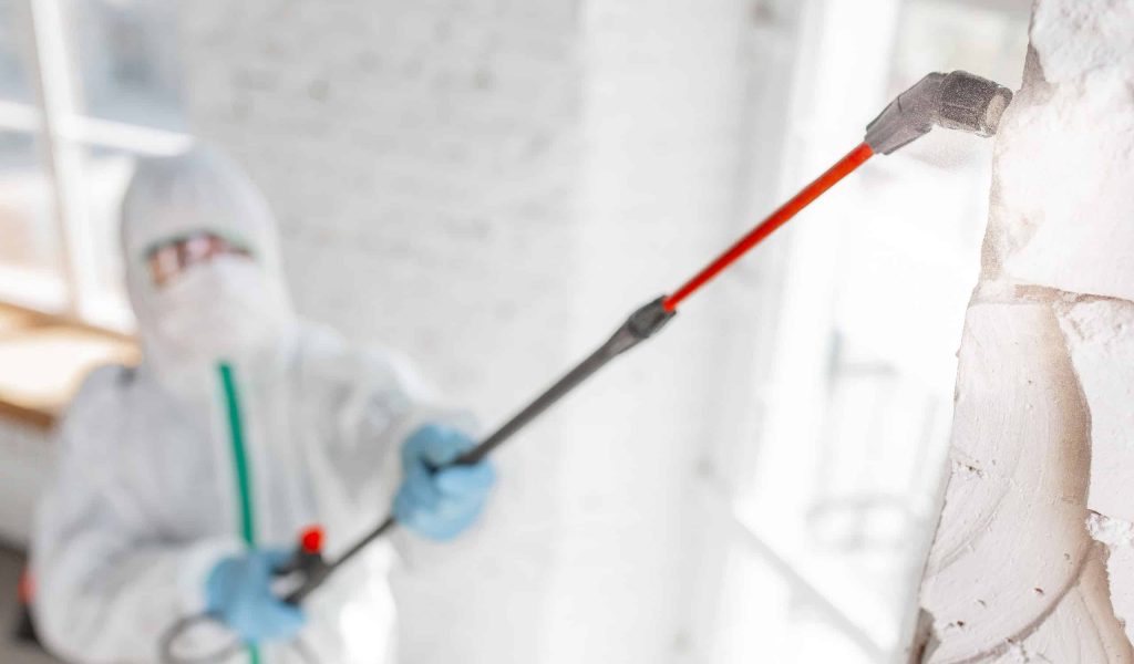 Coronavirus Pandemic. A disinfector in a protective suit and mask sprays disinfectants in the room. Protection of COVID-19 disease. Prevention of spreding pneumonia virus with surfaces we touch.